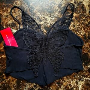 Black Butterfly Lace Back Crop Tank Sz M